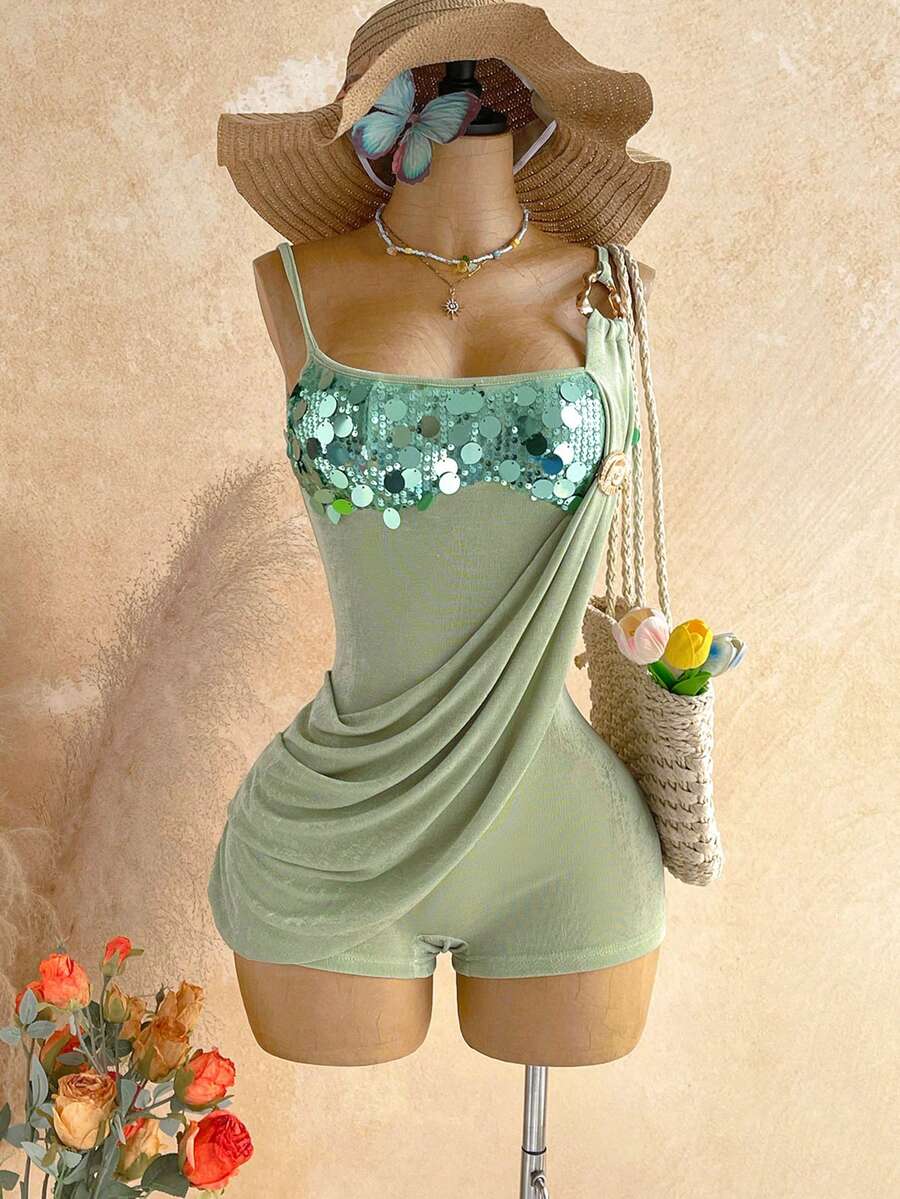 Soleia Novo Casual de Primavera/Verão Roupa de Convidado para Casamento na Praia Ocidental, Formatura, Almoço de Páscoa, Dia de São Patrício, Férias de Primavera, Festival de Música, Elegante Boho Tropical Sem Costas, Decoração de Lantejoulas e Metal, Babado na Barra, Macaquinho, Adequado para Festa, Dia dos Namorados, Encontro - Verde - Visão 1