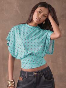 SHEIN BAE 女士波点印花蝙蝠袖T恤，适合夏季穿着 - 薄荷藍 - 查看 1