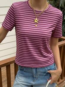 Livesso Camiseta de manga corta de verano holgada con cuello redondo y rayas rosas para mujer - Burdeos - Ver 5