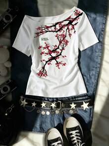 女士露肩T恤，露肩上衣，夏季服装，梅花图案，女装，女士上衣，休闲背心，潮流单品，时尚上衣，街头风上衣，街头女装，Y2K上衣，Y2K服装，复古上衣，中国风上衣 - 白色 - 查看 1