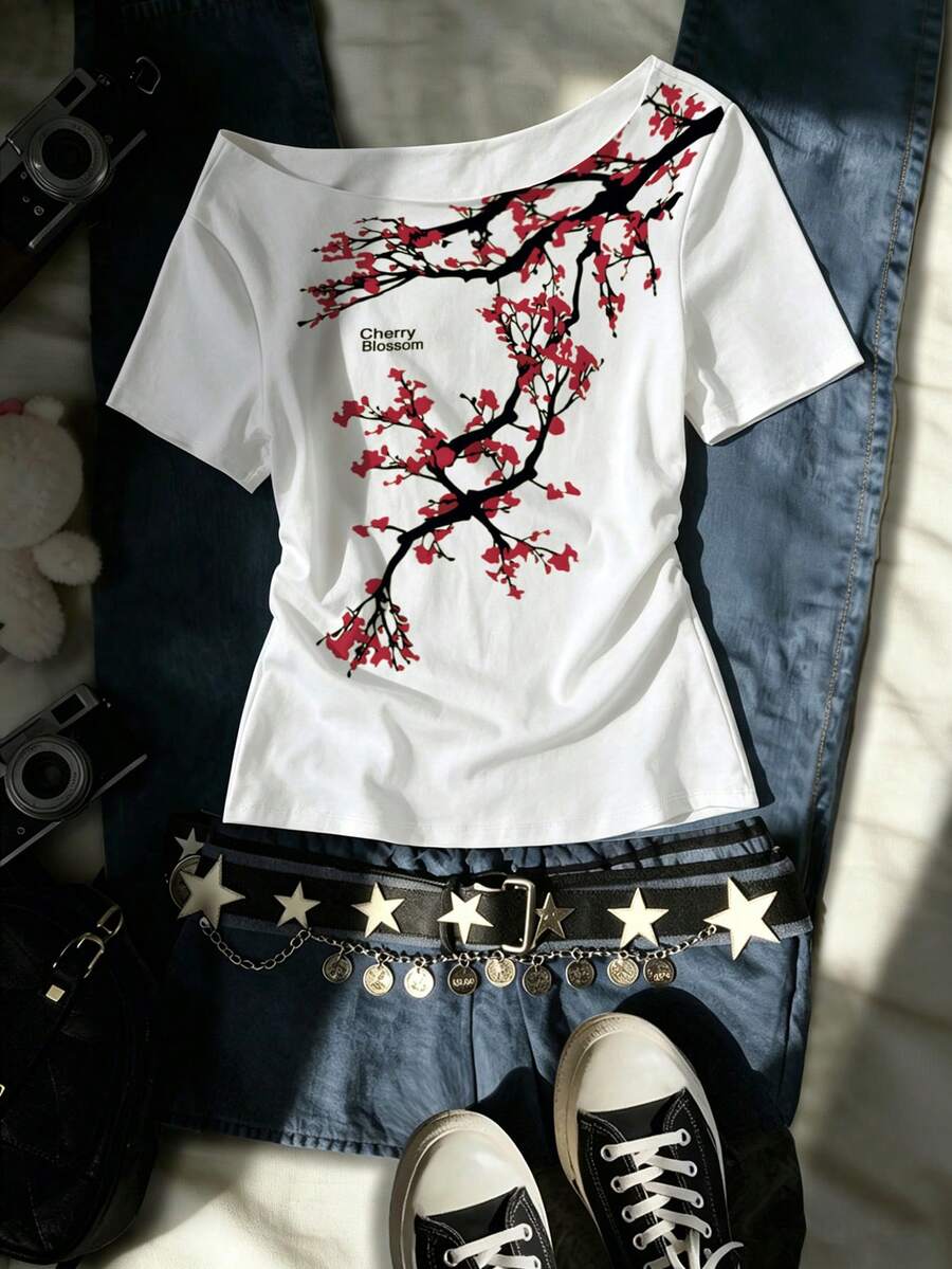 女士露肩T恤，露肩上衣，夏季服装，梅花图案，女装，女士上衣，休闲背心，潮流单品，时尚上衣，街头风上衣，街头女装，Y2K上衣，Y2K服装，复古上衣，中国风上衣 - 白色 - 查看 1