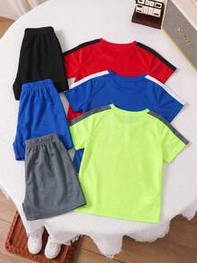 SHEIN 6pcs Young BoyMulticolor Patchwork Sports Set, Suitable For School, Gym Class, Outdoor Running, Sports Wear - Multicolor - View 2