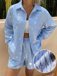 DAZY Vacation Style Striped Silver Foil Floral Pattern Loose Shirt Pajama Set For Women - Blue - View 4