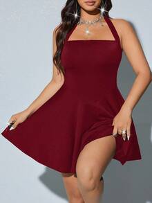 Viva Relle Plus Size Elegant Backless Halter Neck Ruffle Hem Dress, Summer - Burgundy - View 5