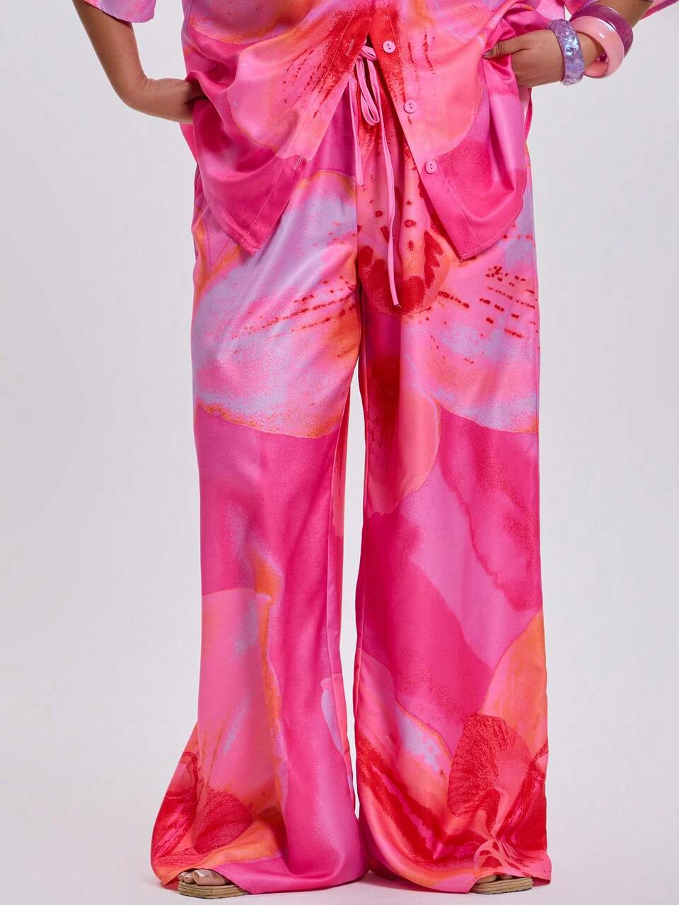 Curve Hot Pink Chiffon Floral Tropical Print Tie Waist Wide Leg Trousers