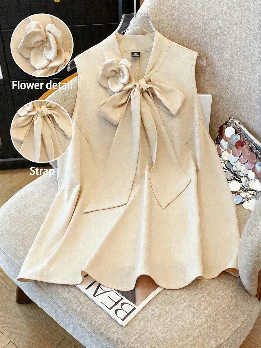 GlowEve CURVE 大码女式无袖纯色3D立体花卉设计优雅时尚百搭衬衫,适合春夏日常穿着,简约办公着装 - 杏色 - 查看 1