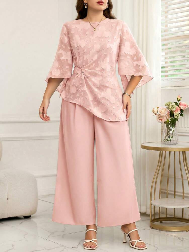 Reflora Plus Size Jacquard Pleated Top And Wide Leg Pants Casual 2 Pieces Set - Pink - View 5