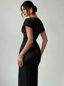 Firerie 女士优雅简约端庄时尚通勤日常百搭度假约会褶皱袖纯色修身长连衣裙，杏色 - 黑色 - 查看 2