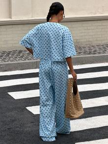 SHEIN Muchic Bộ đồ dệt kim chấm bi xanh dương kiểu dáng thường ngày dành cho nữ - Màu xanh lam - Xem 2