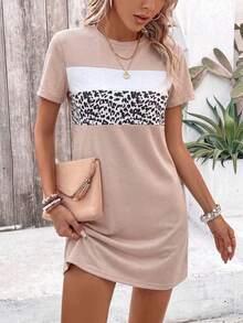 EMERY ROSE Women's Casual Leopard Print Patchwork Round Neck Short Sleeve Dress - Multicolor - View 5