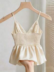 SHEIN Franclia Delicate Apricot Spaghetti Strap Camisole, Satin Shiny Waist Ruffle Design Niche Blouse - Apricot - View 2