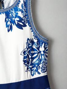 Ellevyn Women's Fashionable & Elegant Printed Sleeveless Loose Jumpsuit Blue And White Jumpsuit Elegant Jumpsuit Summer Jumpsuit Vacation Outfit Wide-Leg Jumpsuit Summer Vacation Outfits Women Going Out Outfits - Blue and White - View 4