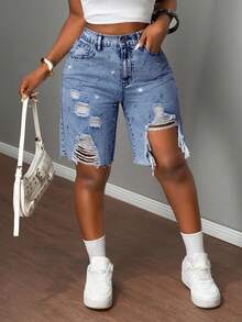 Slaydiva Nuovi pantaloncini di jeans da donna a vita bassa, larghi, strappati, a 5 tasche, pantaloncini bermuda con decorazione a diamante / Pantaloncini di jeans azzurri / Abbigliamento autunnale da donna / Abbigliamento da rientro a scuola / Abbigliamento country da donna / Abbigliamento da concerto country / Abbigliamento vintage da donna / Abbigliamento da uscita / Abbigliamento da aeroporto da donna / Abbigliamento casual da donna / Abbigliamento da donna stile Y2K - Blu lavato scuro - Visualizzare 7