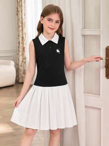 SHEIN Tween GirlsCasual Fashion Collared Sleeveless Contrast Color Pleated Dress, Suitable For Party And Travel, Spring/Summer - Black and White - View 2
