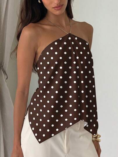 Aloruh Women's Elegant Retro Brown Wavy Print Tie-Up Halter Neck Beach Vacation Top, Polka Dot Vacation Top, French Style Vacation Top