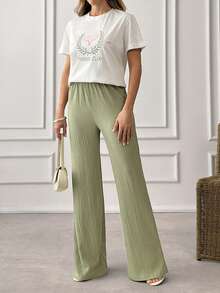 EURMUSE Women's Two Pieces Set – White Embroidered Cotton T-Shirt & Wide Leg Pants, Comfortable & Stylish Casual Outfit - White - View 7