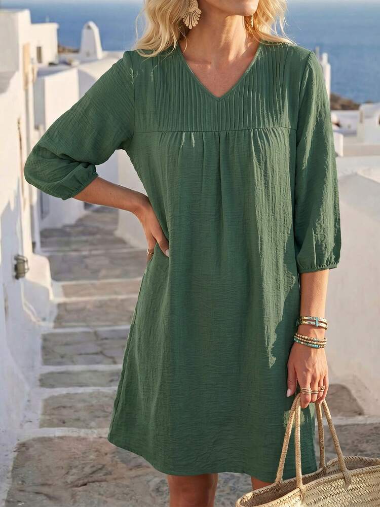 Women's Solid Color V-Neck Pleated Loose Summer Mini Dress