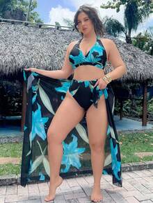 Swim Oasis Bộ đồ bơi 3 mảnh cỡ lớn dành cho nữ, kiểu dáng gợi cảm, cổ yếm, in kỹ thuật số ngẫu nhiên, thích hợp cho bãi biển, hồ bơi, phong cách thường ngày và thanh lịch. - Nhiều màu - Xem 8