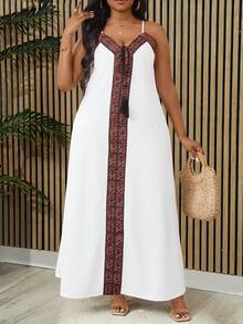 Villa Velisse Plus Size Women Premium Embroidered Strap Maxi Dress,Versatile White Summer Boho Vacation Holiday Long Dress - White - View 5