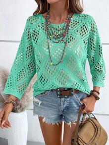 Breezaya Women's Vacation Casual Solid Color Hollow-Out Knit Sweater - Mint Green - View 7