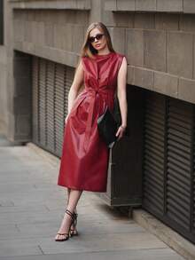 Solid Crew Neck Sleeveless Casual Belted PU Dress Burgundy Maxi Metallic Women Outfit - Burgundy - View 6