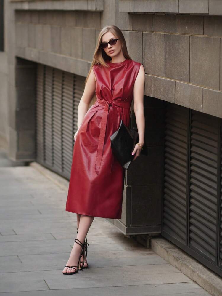 Solid Crew Neck Sleeveless Casual Belted PU Dress Burgundy Maxi Metallic Women Outfit