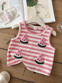 SHEIN LMoss Kids Camiseta de tirantes informal de verano para niña con decoración de sandía a rayas - Rosa - Ver 5
