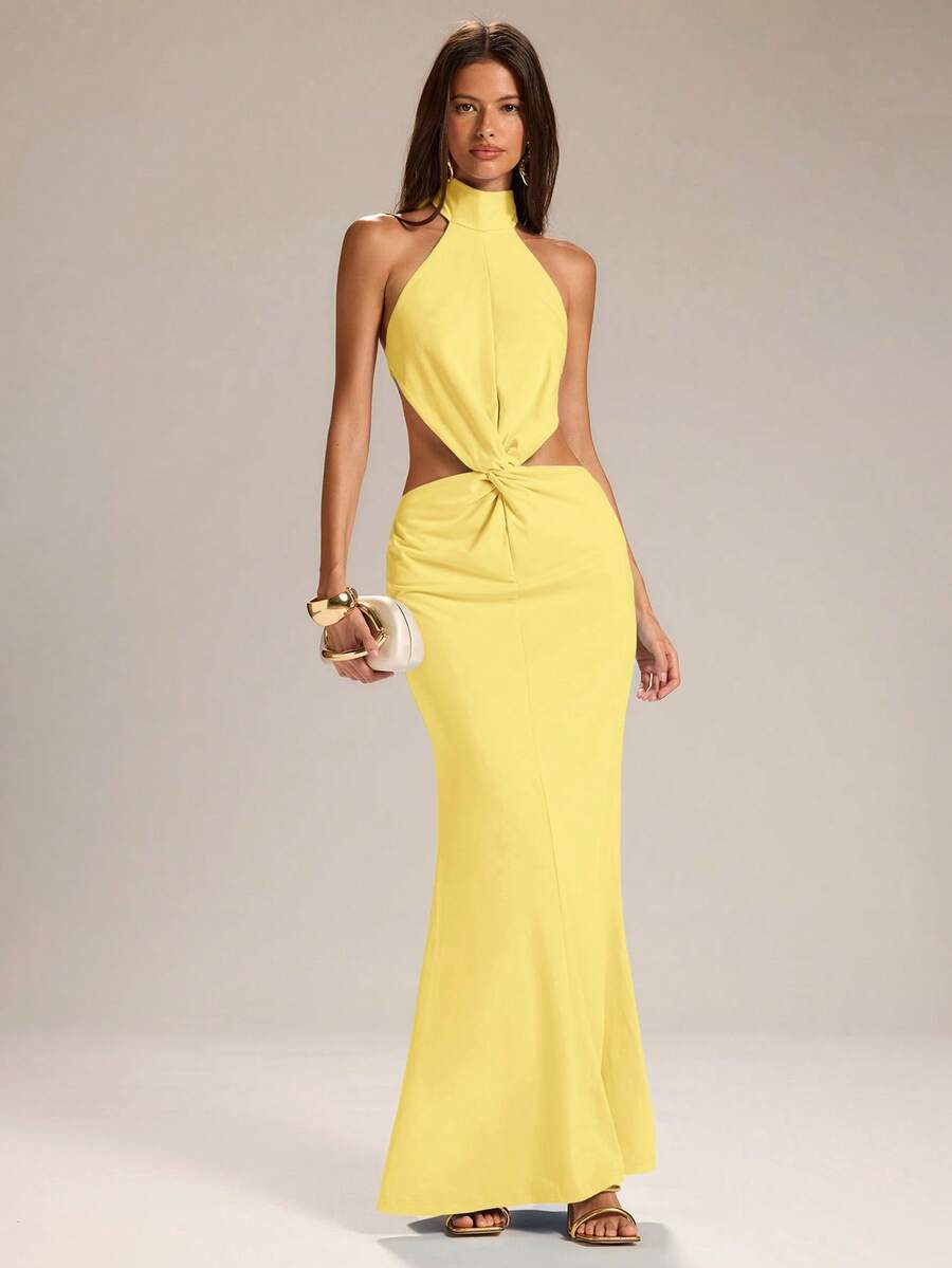 SHEIN BAE Vestido de fiesta de vacaciones sin espalda con cuello halter de color azul sólido para mujer, vestido de vacaciones, vestido azul, vestido elegante y sexy - Amarillo - Ver 1