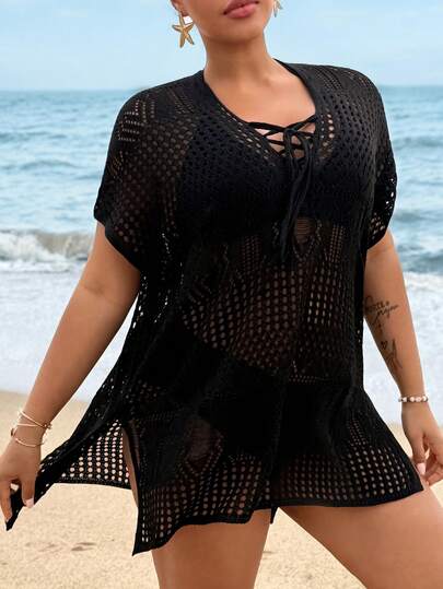 Swim Lushoire 大码女士多功能性感镂空前短后长时尚系带短袖披肩