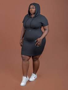CurvyTilda Plus Solid Drawstring Hooded Bodycon Dress, For Hourglass Body Shape, For Summer - Black - View 3
