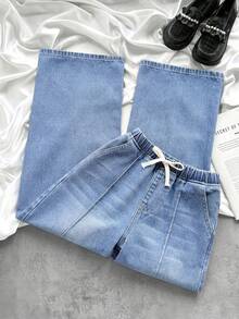 Quần jeans ống rộng buộc dây, kiểu dáng thời trang cho bé gái tuổi teen. - Rửa nhẹ - Xem 4