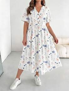 SHEIN Essnce Đầm ngắn tay có túi, họa tiết hoa, kiểu dáng thường ngày, dành cho nữ cỡ lớn, mùa hè. - Nhiều màu - Xem 5