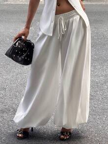 Slaydiva Summer New Loose Wide Leg Lantern Pants, Harem Pants, White Women's Long Pants Boho White Flowy Pants - White - View 2