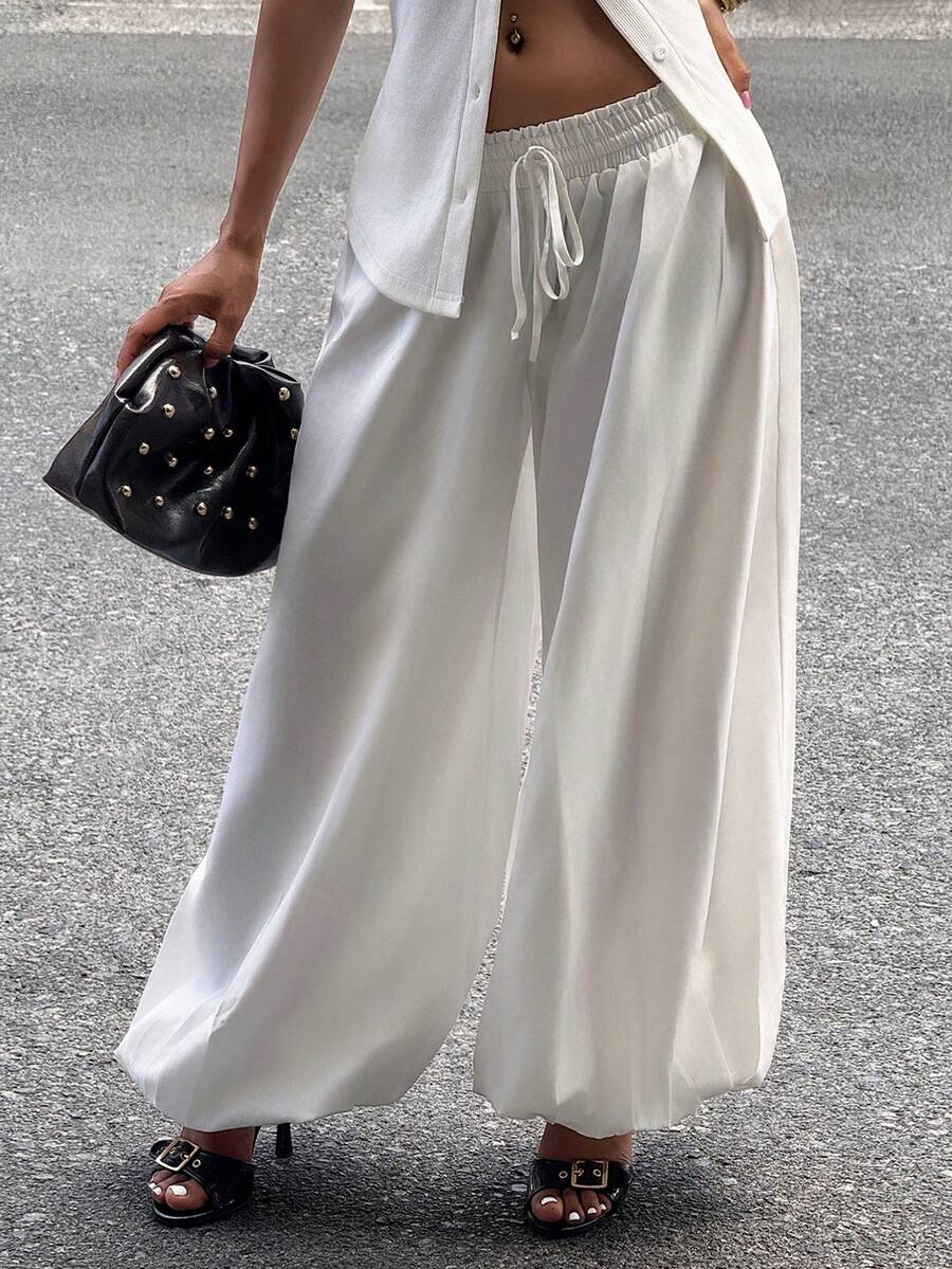 Slaydiva Summer New Loose Wide Leg Lantern Pants, Harem Pants, White Women's Long Pants Boho White Flowy Pants