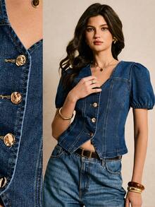 Poéselle Áo denim nữ mới, cổ chữ V, eo ôm, cài cúc phía trước, tay phồng, màu xanh dương, hoàn hảo cho mùa hè. Trang phục lễ hội mùa hè cho nữ, áo kiểu thường ngày cho nữ, áo sơ mi công sở cho nữ, áo denim cho nữ, bộ đồ denim nữ, áo thời trang nữ để mặc với quần jeans, bộ đồ denim nữ, áo denim tay phồng, trang phục ngày của mẹ, áo denim tay ngắn, áo phối với quần jeans, áo cài cúc cho nữ, bộ đồ denim cho nữ. - Rửa trung bình - Xem 2