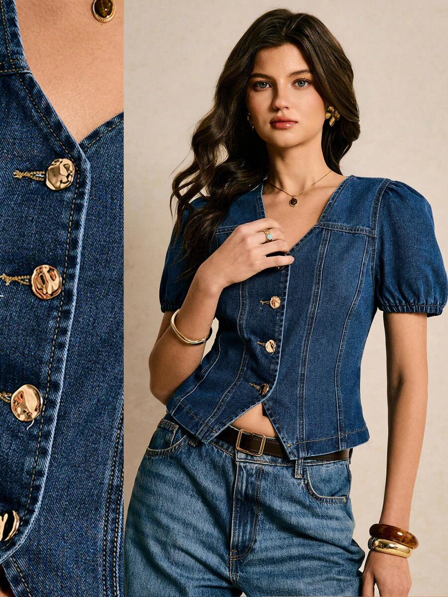 Poéselle Áo denim nữ mới, cổ chữ V, eo ôm, cài cúc phía trước, tay phồng, màu xanh dương, hoàn hảo cho mùa hè. Trang phục lễ hội mùa hè cho nữ, áo kiểu thường ngày cho nữ, áo sơ mi công sở cho nữ, áo denim cho nữ, bộ đồ denim nữ, áo thời trang nữ để mặc với quần jeans, bộ đồ denim nữ, áo denim tay phồng, trang phục ngày của mẹ, áo denim tay ngắn, áo phối với quần jeans, áo cài cúc cho nữ, bộ đồ denim cho nữ.