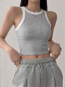 Áo tank top thể thao cơ bản không tay cổ tròn phối viền tương phản dành cho nữ, thích hợp cho mùa hè. - Xám - Xem 2