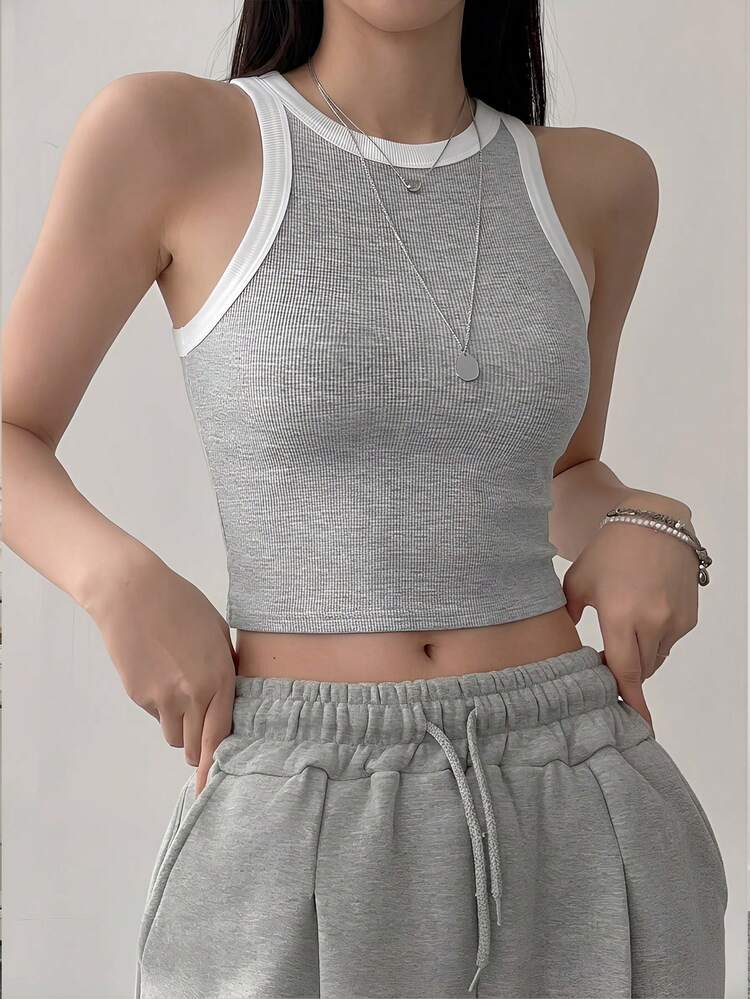 Women's Contrast Trim Round Neck Sleeveless Fitted Basic Sports Tank Top, Summer