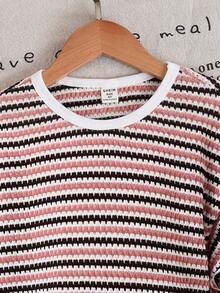 SHEIN 女童休闲条纹短袖T恤套装 - 粉色 - 查看 6