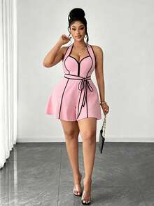 Maweii Plus Size Sexy Contrast Trim Halter Romper - Pink - View 2