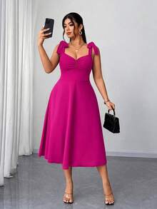 Elenzga Plus Size Women's Elegant Romantic Ruched A-Line Camisole Dress, Red, Spring/Autumn - Hot Pink - View 2
