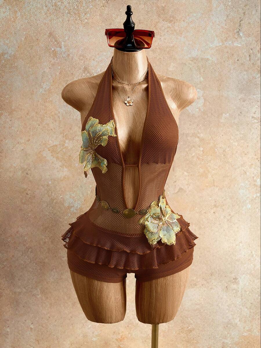 SHEIN BamGlam 女士露背吊带提花休闲连体裤沙滩派对装扮，女士比基尼套装（含罩衫），复古波西米亚风女装，度假装扮，夏季度假装扮，夏季服装，夏季女装，夏季沙滩装扮，沙滩装扮 - 棕色 - 查看 1