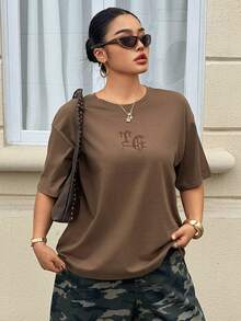 Livesso Curve Áo thun nữ cỡ lớn thêu chữ, tay ngắn, dáng rộng, thoải mái, thích hợp cho mùa xuân/hè. - màu nâu - Xem 5
