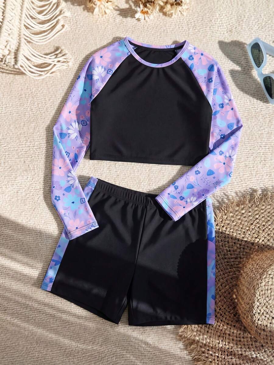 SHEIN 少女撞色长袖防晒泳衣和短裤两件套泳装，适合夏季度假，少女长袖泳衣，女童长袖泳衣，带袖子，柔软舒适