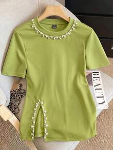 Franclia Camiseta de manga corta negra elegante francesa para mujer en verano - Cuello redondo con perlas incrustadas y abertura lateral, elegante top de ajuste ceñido y estilizador de figura de nicho - Verde - Ver 1