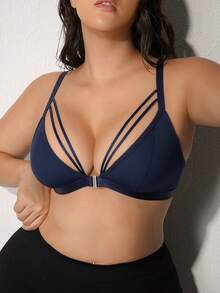 SHEIN Plus Size Solid Color Hollow Front Closure Wireless Bra - Blue - View 3