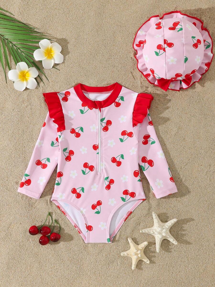 Baby Girls' Colorful Purple & Pink Cute Floral Ruffled Long Sleeve One-Piece Swimsuit With Hat, Stretchy & Comfortable For Summer Swimming - Multicolor - View 1