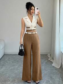 SHEIN Elenzya 女款優雅通勤風無袖對比色短版西裝外套與直筒長褲套裝 (女性)，辦公室商務專業穿搭，教師服裝，通勤休閒穿著 棕色夏季 - 卡其色 - 查看 6
