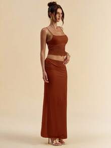 SHEIN BAE Women's Summer Lace Patchwork Camisole Top And Mini Skirt Casual Sexy 2 Pieces Set Vacation Rust Brown - Rust Brown - View 6