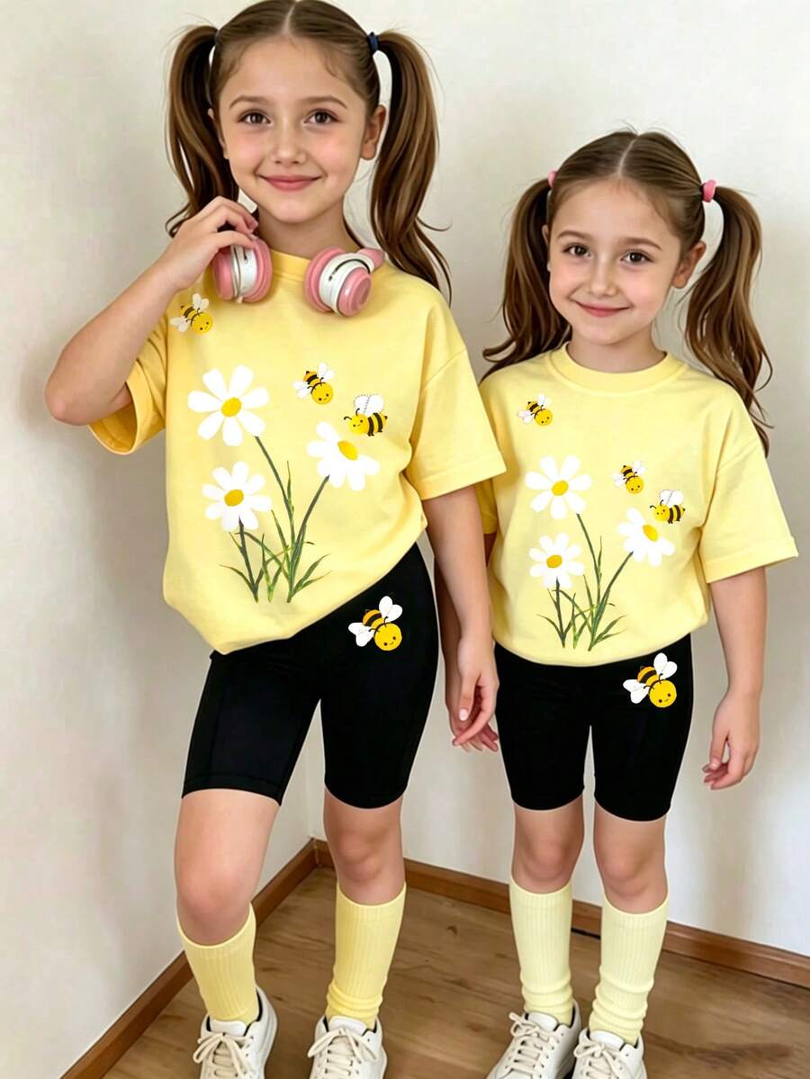 Bộ áo thun và quần đùi thể thao mùa xuân hè cho bé gái, phong cách thường ngày năng động, sáng tạo, tươi mới, tối giản với họa tiết ong hoạt hình và hoa dễ thương, thoải mái để mặc hàng ngày, phù hợp cho trang phục thể thao mùa hè và mùa thu của bé gái. - Nhiều màu - Xem 1